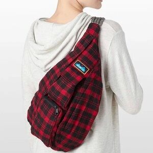 Kavu Sling Bag Buffalo Plaid Red Black Backpack Rope Bag Hiking